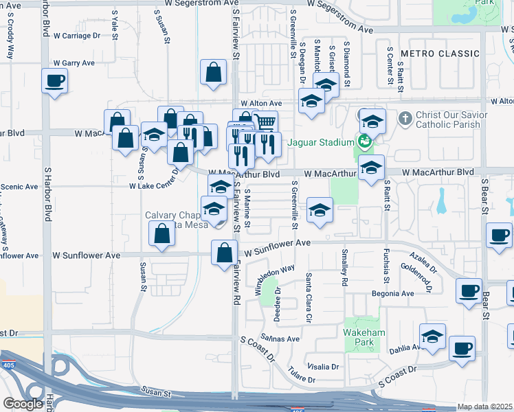 map of restaurants, bars, coffee shops, grocery stores, and more near 2708 West Aurora Street in Santa Ana