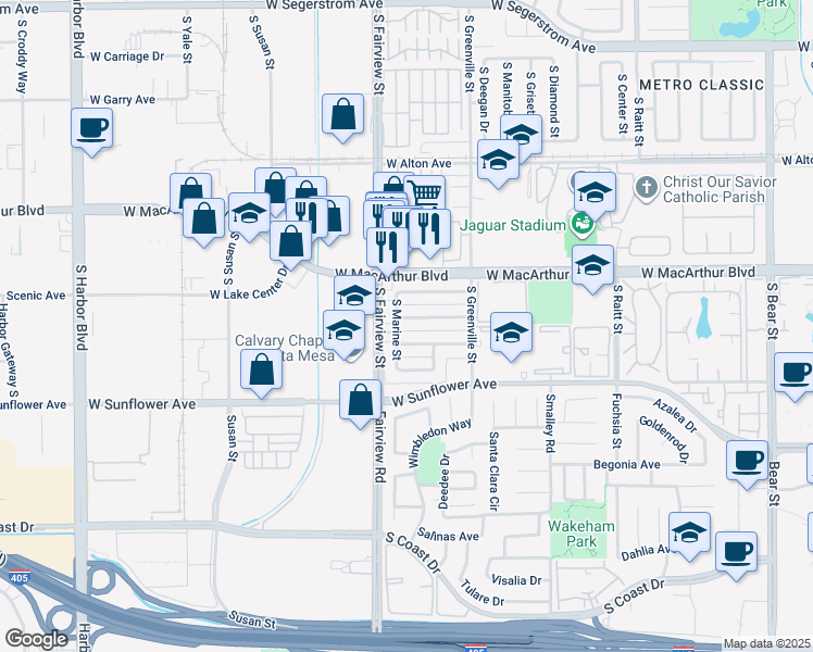 map of restaurants, bars, coffee shops, grocery stores, and more near 2708 West Aurora Street in Santa Ana