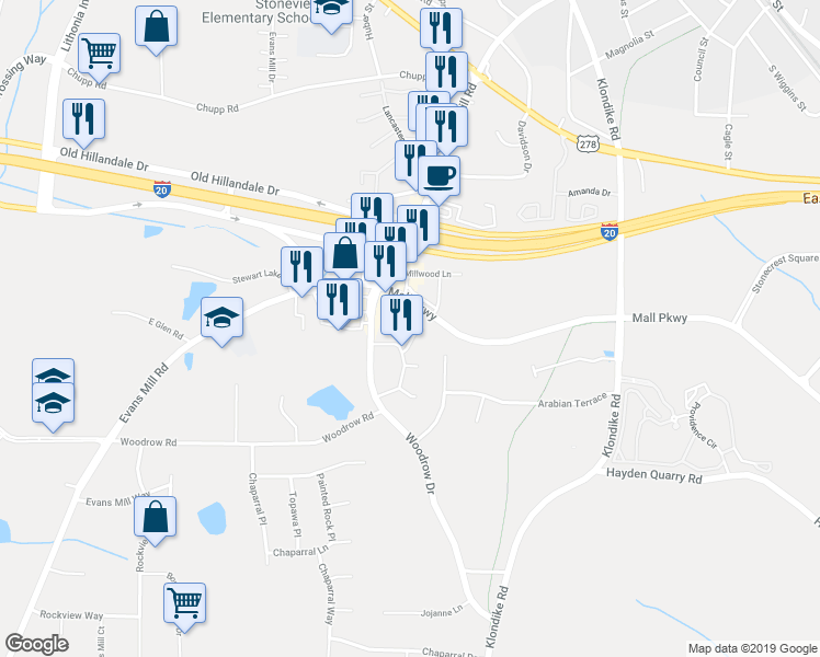 map of restaurants, bars, coffee shops, grocery stores, and more near 2967 Heritage Villa Drive in Stonecrest