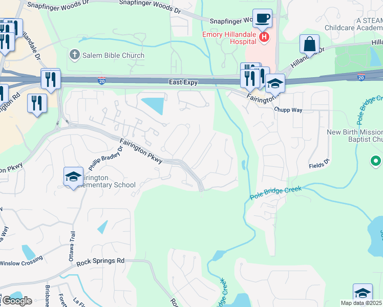 map of restaurants, bars, coffee shops, grocery stores, and more near 3204 Fairington Village Drive in Stonecrest