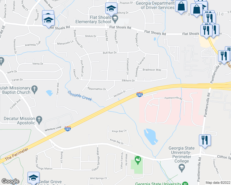 map of restaurants, bars, coffee shops, grocery stores, and more near 2599 McGlynn Drive in Decatur
