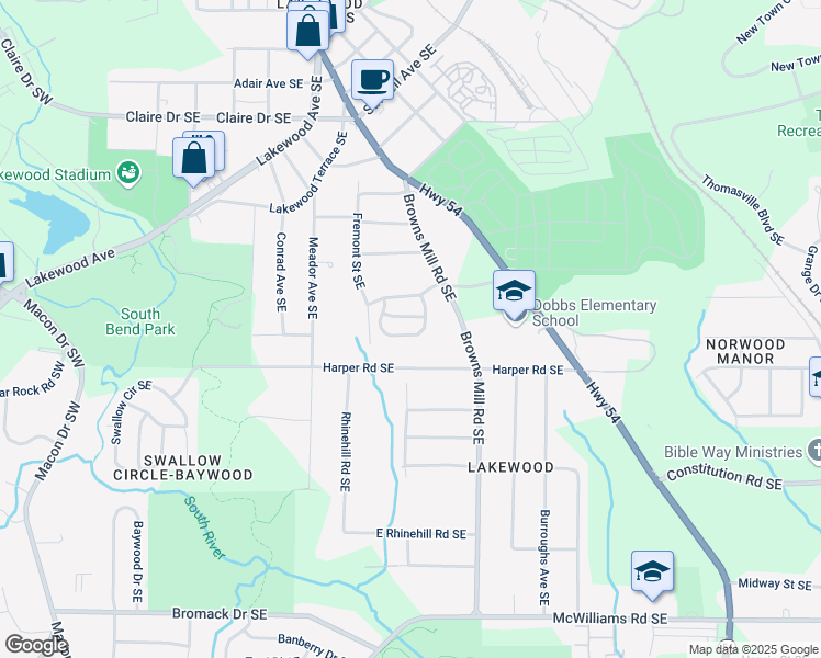 map of restaurants, bars, coffee shops, grocery stores, and more near 384 Harper Road Southeast in Atlanta