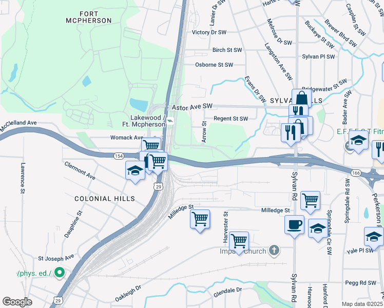 map of restaurants, bars, coffee shops, grocery stores, and more near Lakewood Freeway in Atlanta