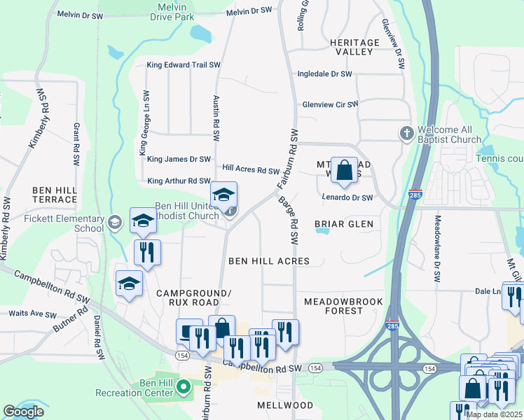 map of restaurants, bars, coffee shops, grocery stores, and more near 2089 Pemberton Road Southwest in Atlanta