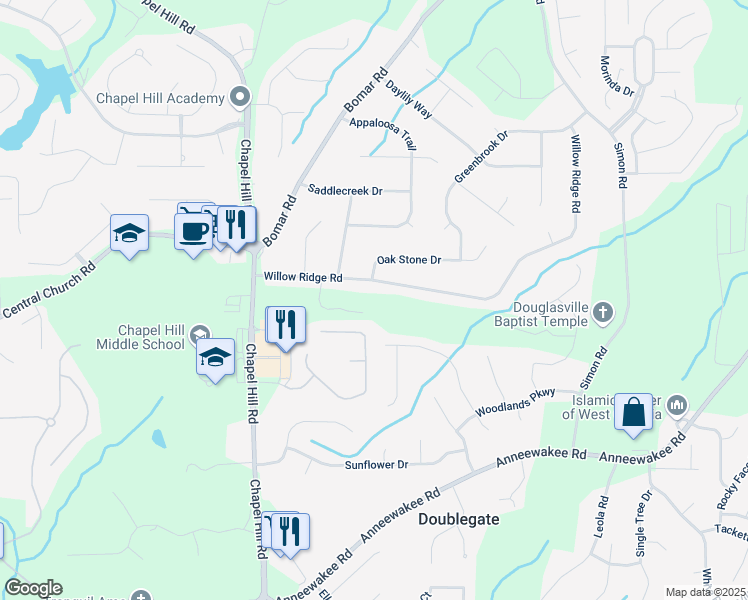 map of restaurants, bars, coffee shops, grocery stores, and more near 4141 Willow Ridge Road in Douglasville
