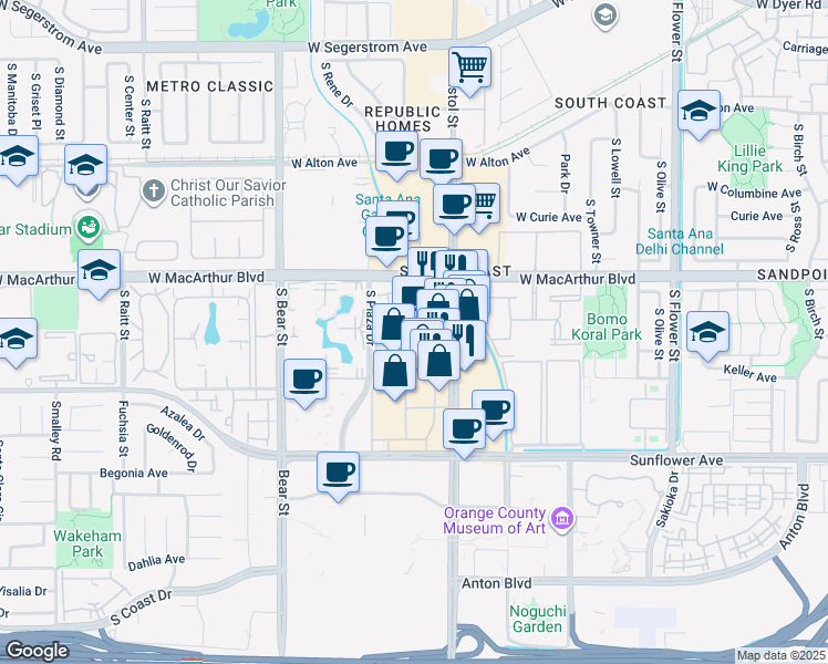 map of restaurants, bars, coffee shops, grocery stores, and more near 3640 South Bristol Street in Santa Ana