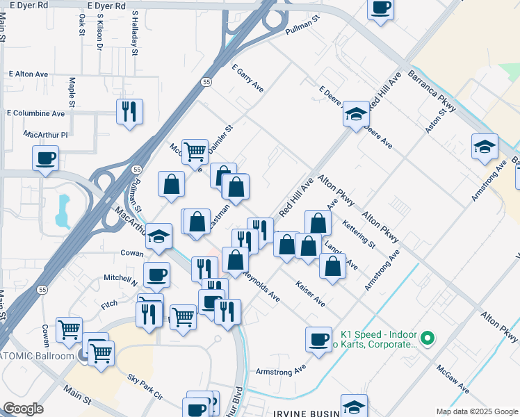 map of restaurants, bars, coffee shops, grocery stores, and more near 1 Edwards Way in Irvine
