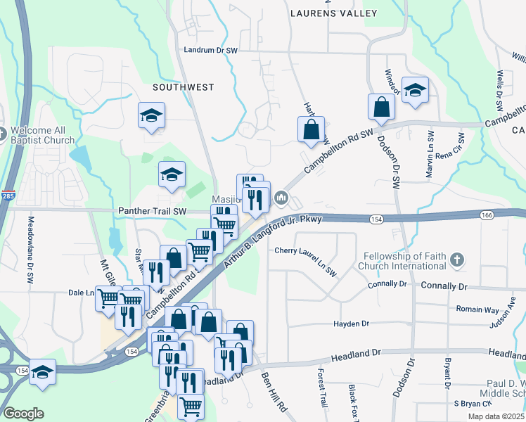 map of restaurants, bars, coffee shops, grocery stores, and more near Campbellton Road Southwest & Maxwell Drive Southwest in Atlanta