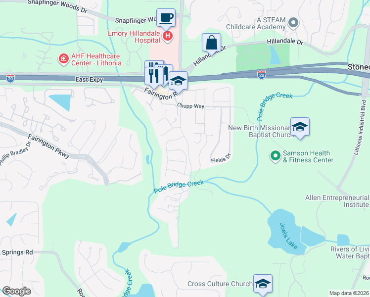 map of restaurants, bars, coffee shops, grocery stores, and more near 5923 Dogwood Manor in Stonecrest
