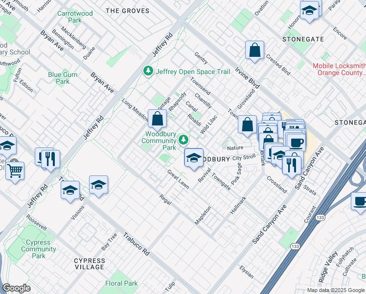 map of restaurants, bars, coffee shops, grocery stores, and more near 130 Sanctuary in Irvine