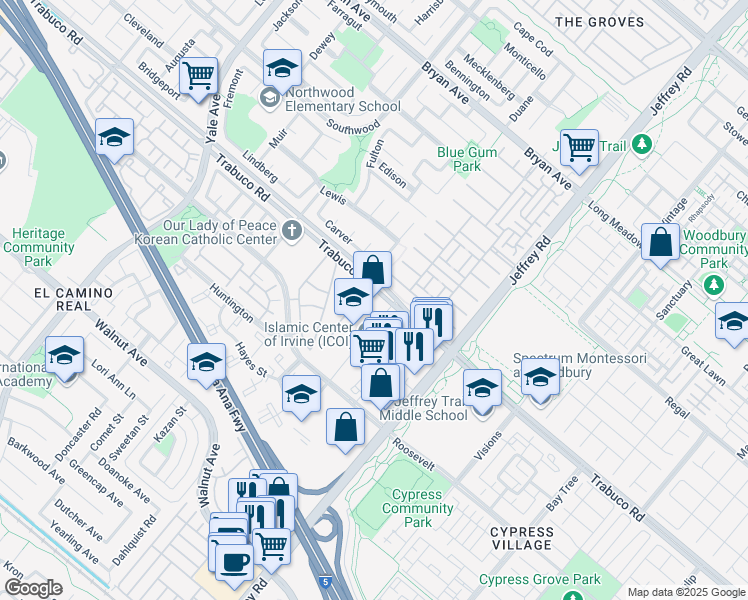 map of restaurants, bars, coffee shops, grocery stores, and more near 5400 Trabuco Road in Irvine