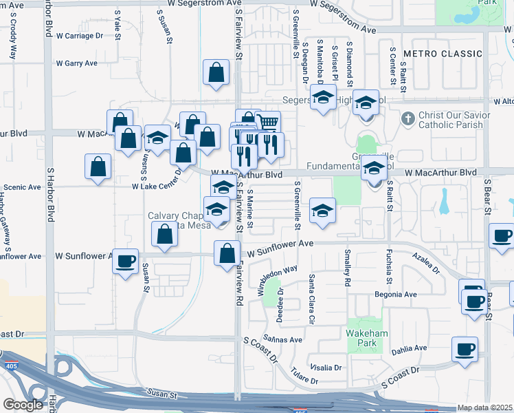 map of restaurants, bars, coffee shops, grocery stores, and more near 2726 West Orion Avenue in Santa Ana