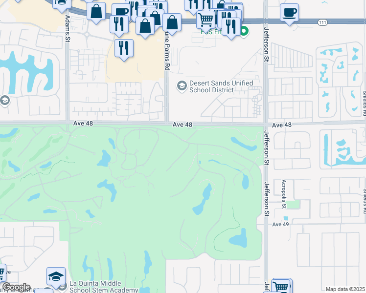 map of restaurants, bars, coffee shops, grocery stores, and more near 48245 Vista Calico in La Quinta