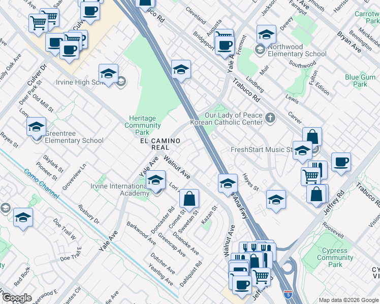 map of restaurants, bars, coffee shops, grocery stores, and more near 1 Cheyenne in Irvine