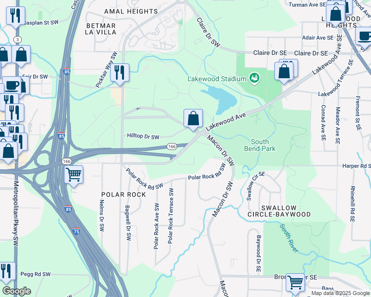 map of restaurants, bars, coffee shops, grocery stores, and more near Lakewood Avenue in Atlanta