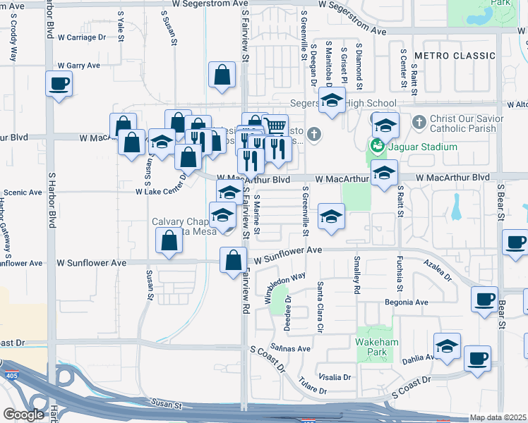 map of restaurants, bars, coffee shops, grocery stores, and more near 2726 West Orion Avenue in Santa Ana