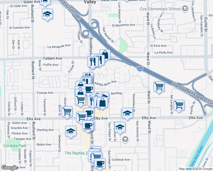 map of restaurants, bars, coffee shops, grocery stores, and more near 10100 Meadowlark Avenue in Fountain Valley