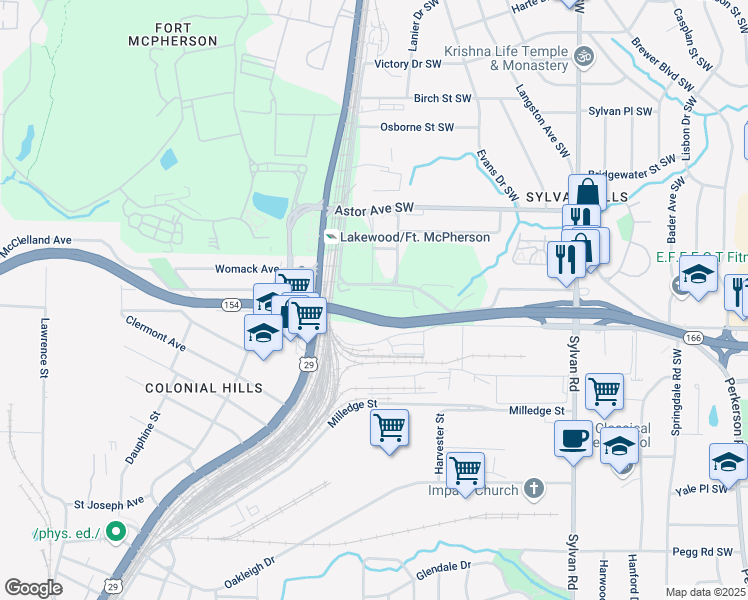 map of restaurants, bars, coffee shops, grocery stores, and more near 3300 Lakewood Avenue Southwest in Atlanta