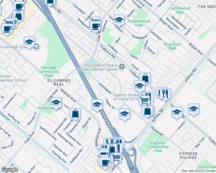 map of restaurants, bars, coffee shops, grocery stores, and more near 163 Huntington in Irvine