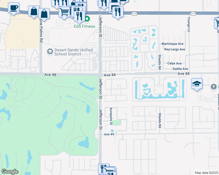 map of restaurants, bars, coffee shops, grocery stores, and more near 80056 Golden Gate Drive in Indio