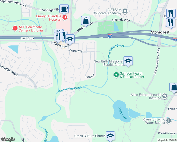 map of restaurants, bars, coffee shops, grocery stores, and more near 2948 Fields Drive in Stonecrest