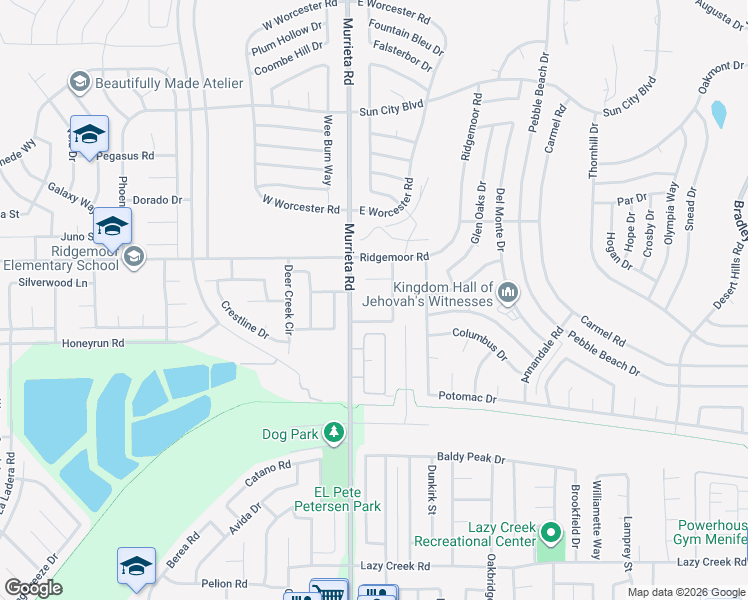 map of restaurants, bars, coffee shops, grocery stores, and more near 26021 Crestmont Circle in Menifee