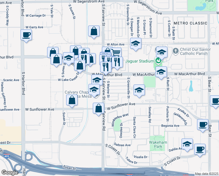 map of restaurants, bars, coffee shops, grocery stores, and more near West Orion Avenue in Santa Ana