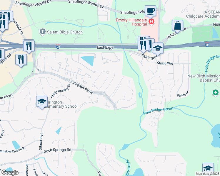 map of restaurants, bars, coffee shops, grocery stores, and more near 3204 Fairington Village Drive in Stonecrest