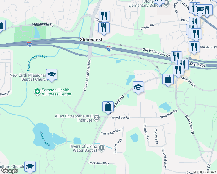 map of restaurants, bars, coffee shops, grocery stores, and more near 6435 East Glen Road in Stonecrest