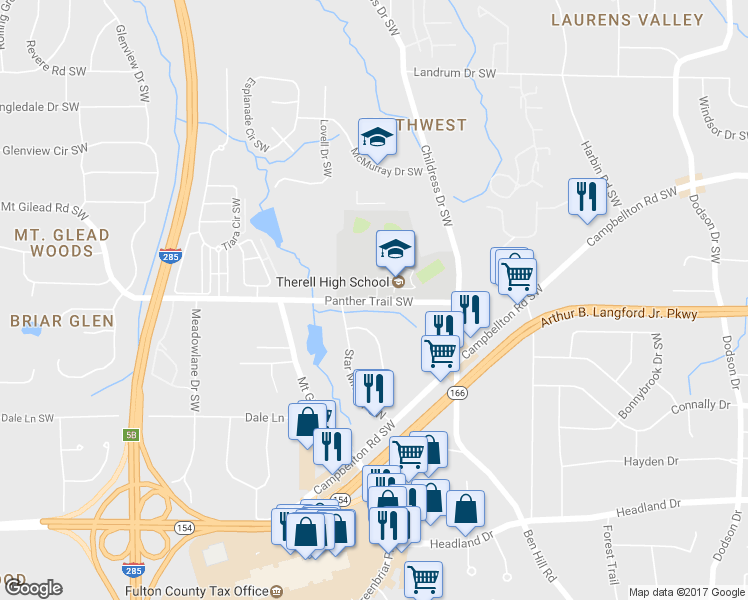 map of restaurants, bars, coffee shops, grocery stores, and more near 3151 Panther Trail Southwest in Atlanta