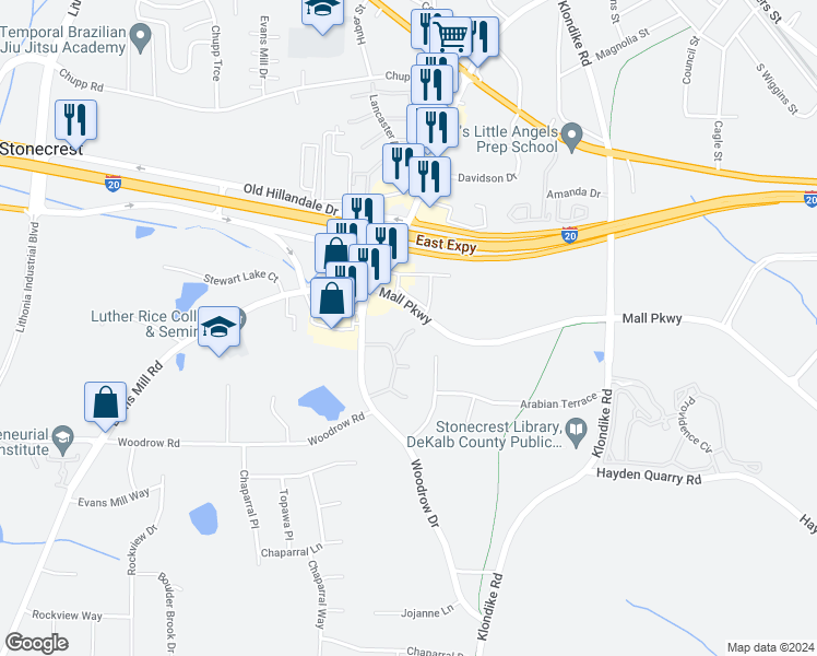 map of restaurants, bars, coffee shops, grocery stores, and more near 2943 Stonecrest Lane in Lithonia