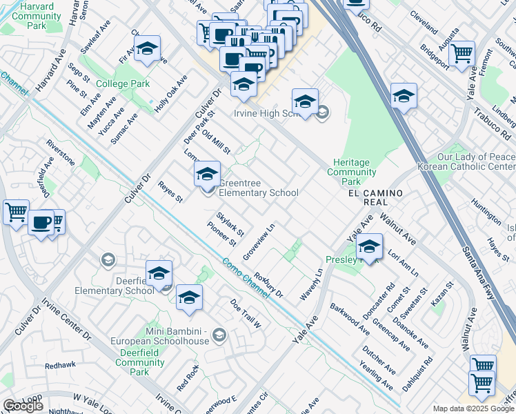 map of restaurants, bars, coffee shops, grocery stores, and more near 4371 Rafael Street in Irvine