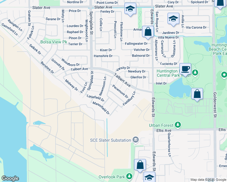 map of restaurants, bars, coffee shops, grocery stores, and more near 18152 Vestry Circle in Huntington Beach