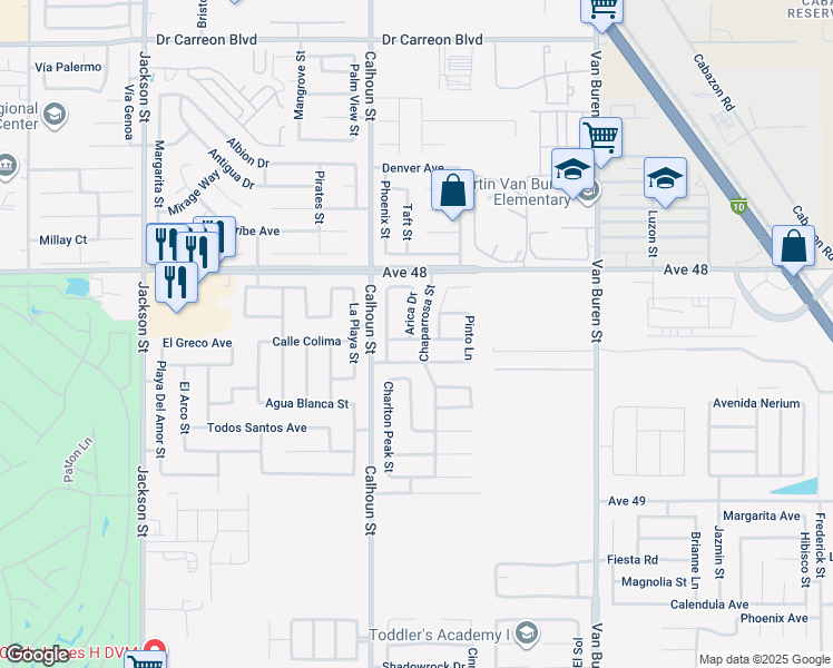 map of restaurants, bars, coffee shops, grocery stores, and more near 48276 Arica Drive in Coachella