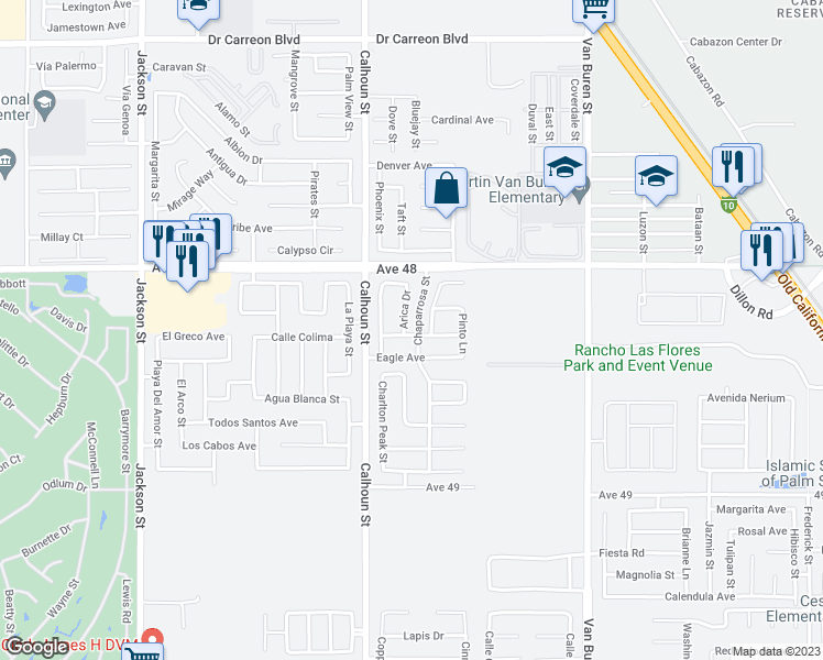 map of restaurants, bars, coffee shops, grocery stores, and more near 48276 Arica Drive in Coachella