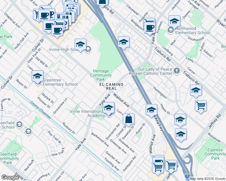 map of restaurants, bars, coffee shops, grocery stores, and more near in Irvine