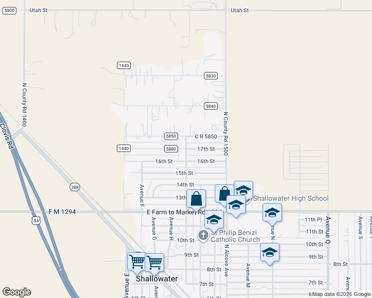 map of restaurants, bars, coffee shops, grocery stores, and more near 10601 North C R 1460 in Shallowater