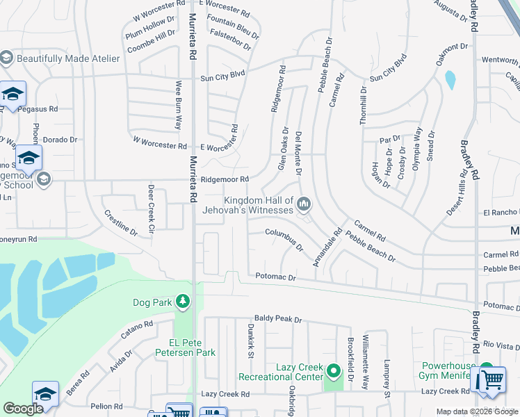 map of restaurants, bars, coffee shops, grocery stores, and more near 29060 Waverly Drive in Menifee