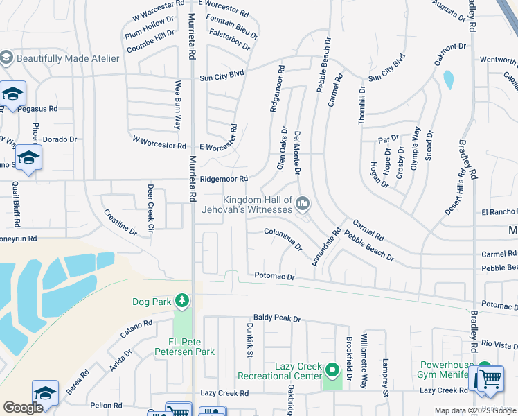 map of restaurants, bars, coffee shops, grocery stores, and more near 26231 Foxgrove Road in Menifee