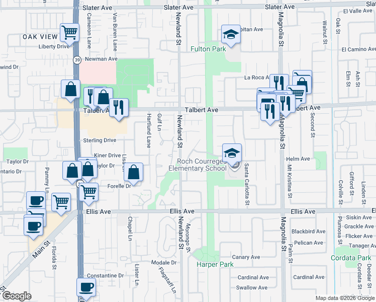 map of restaurants, bars, coffee shops, grocery stores, and more near 18150 Sigmond Circle in Fountain Valley