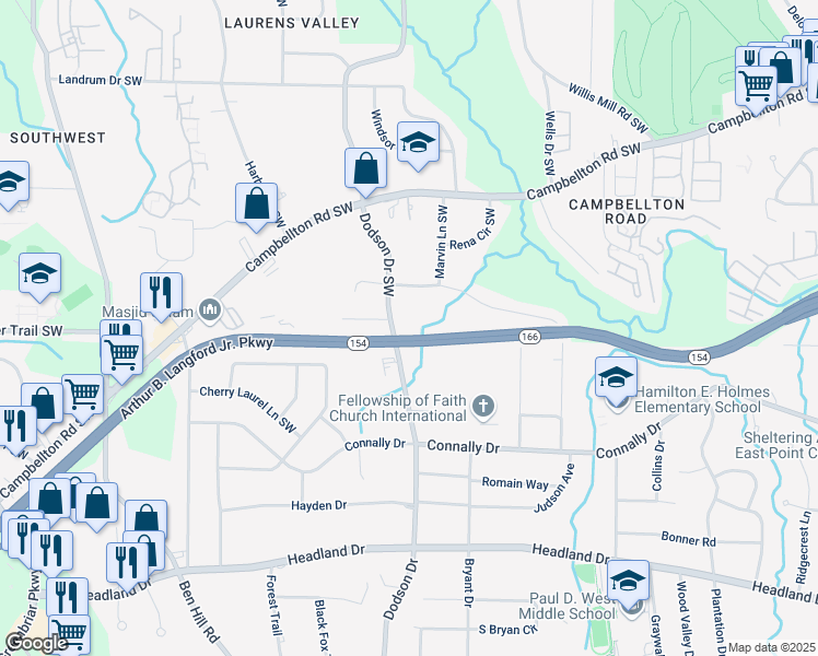 map of restaurants, bars, coffee shops, grocery stores, and more near 2080 Dodson Drive Southwest in Atlanta