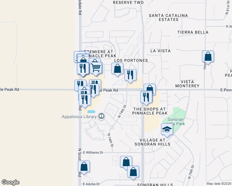 map of restaurants, bars, coffee shops, grocery stores, and more near 7374 East Pinnacle Peak Road in Scottsdale