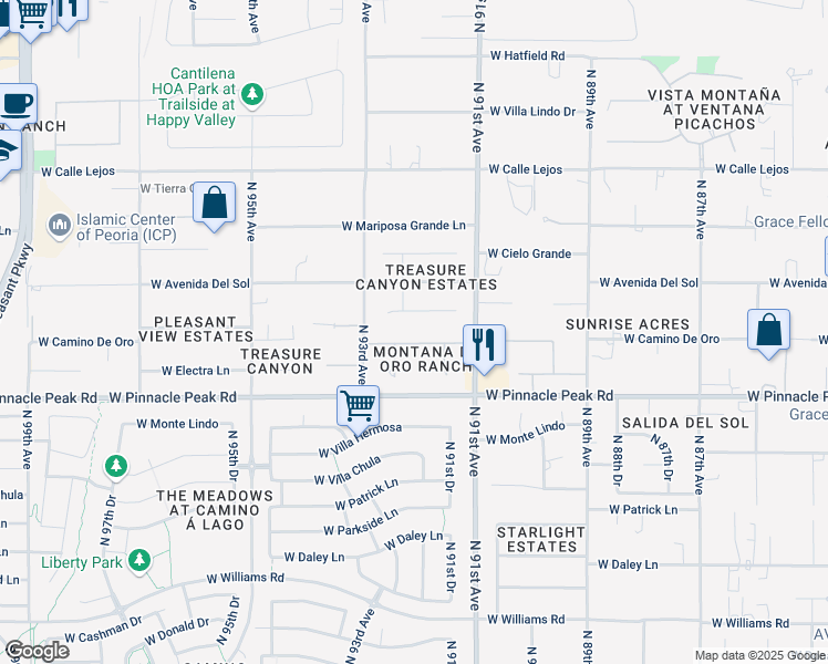 map of restaurants, bars, coffee shops, grocery stores, and more near 9124 West Camino De Oro in Peoria