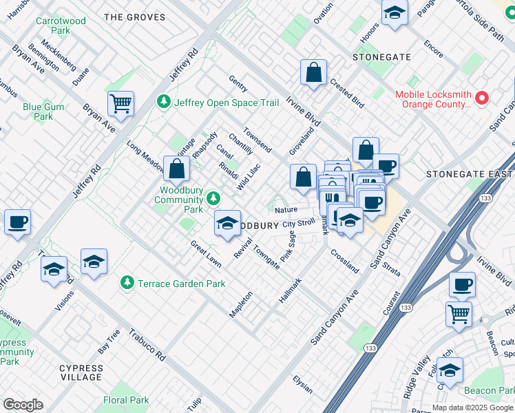 map of restaurants, bars, coffee shops, grocery stores, and more near 114 Rinaldi in Irvine