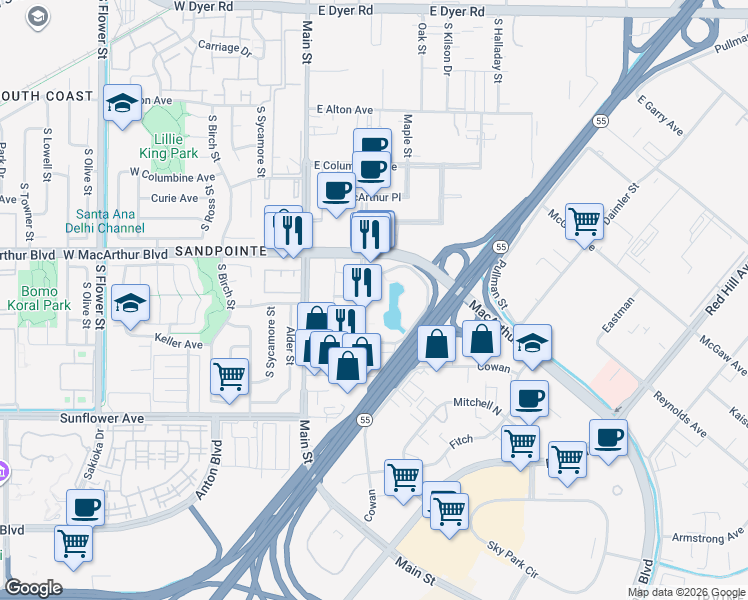 map of restaurants, bars, coffee shops, grocery stores, and more near in Santa Ana