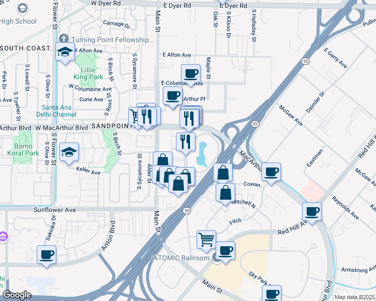 map of restaurants, bars, coffee shops, grocery stores, and more near 9 Mac Arthur Place in Santa Ana