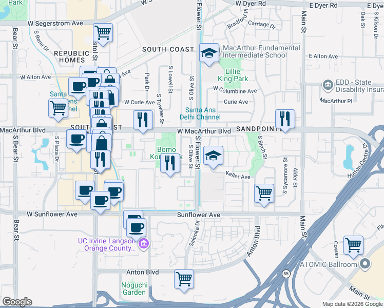 map of restaurants, bars, coffee shops, grocery stores, and more near 3621 South Olive Street in Santa Ana