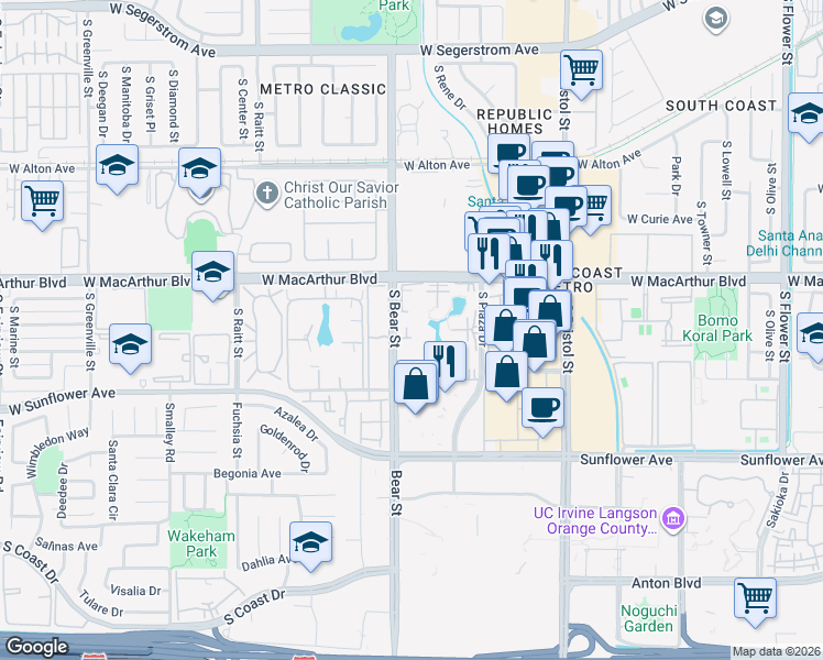 map of restaurants, bars, coffee shops, grocery stores, and more near 3683 South Bear Street in Santa Ana