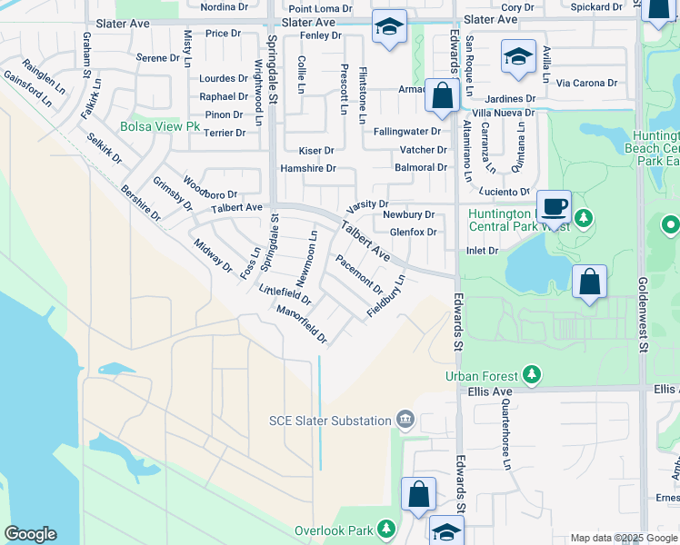 map of restaurants, bars, coffee shops, grocery stores, and more near 18152 Vestry Circle in Huntington Beach