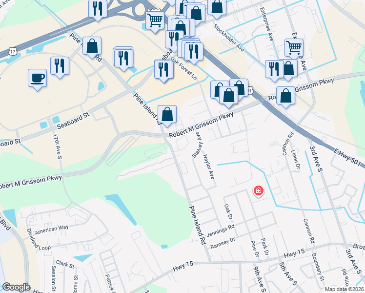 map of restaurants, bars, coffee shops, grocery stores, and more near 1601 Stuart Square Circle in Myrtle Beach